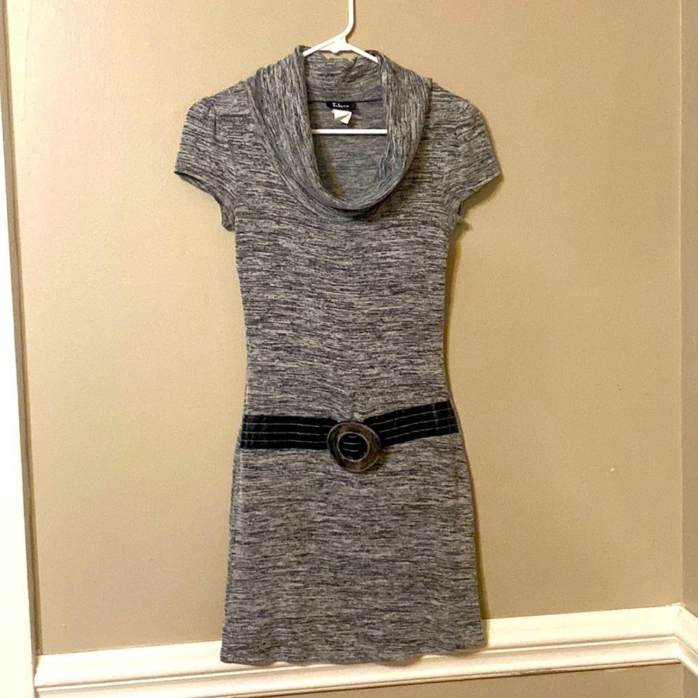 Taboo Cowl Neck Mini Dress Small Gray Buckle Belt Decoration